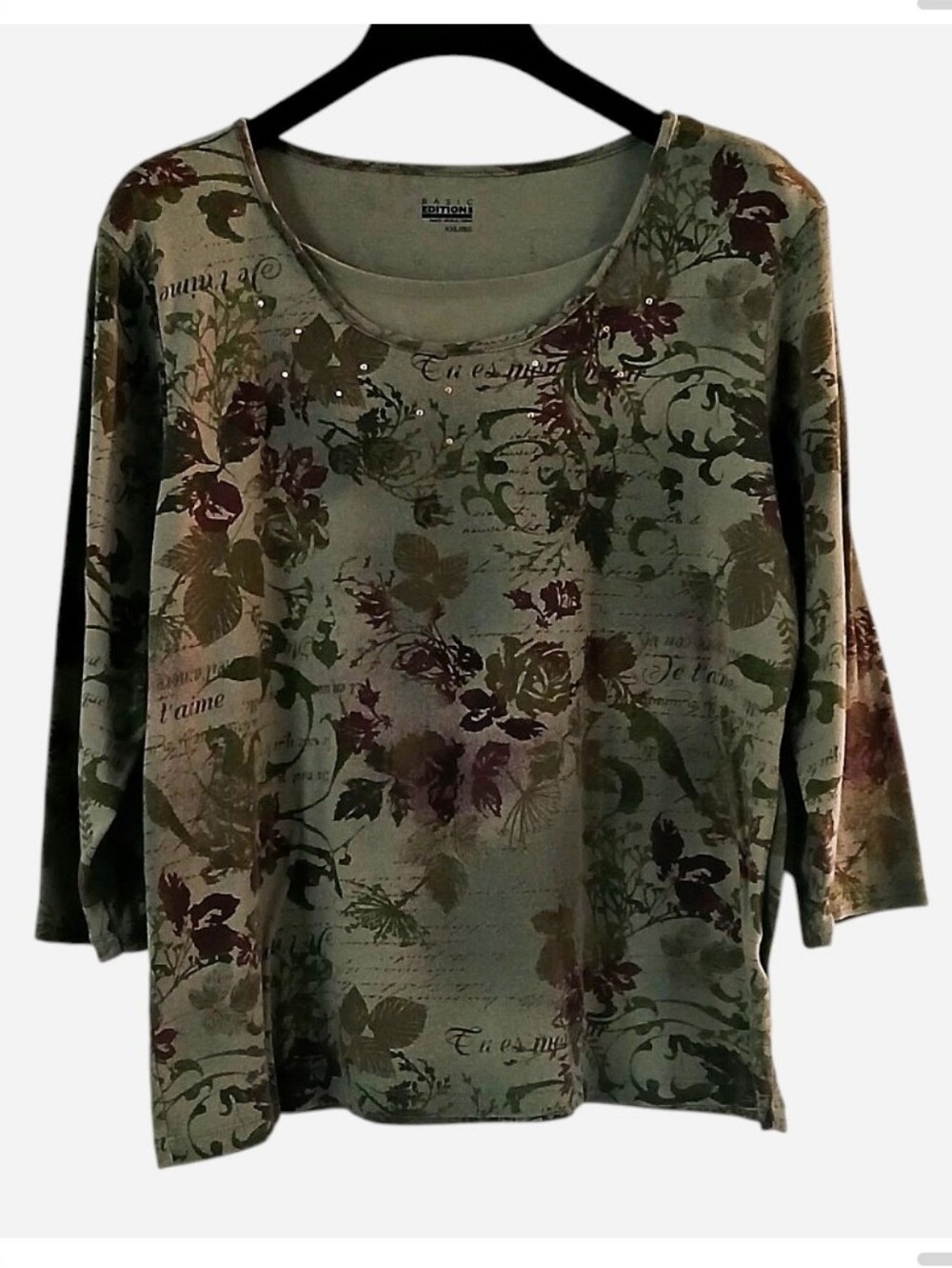 Basic Editions Size XXL Top Light Green with Medium Green Plum Floral Print